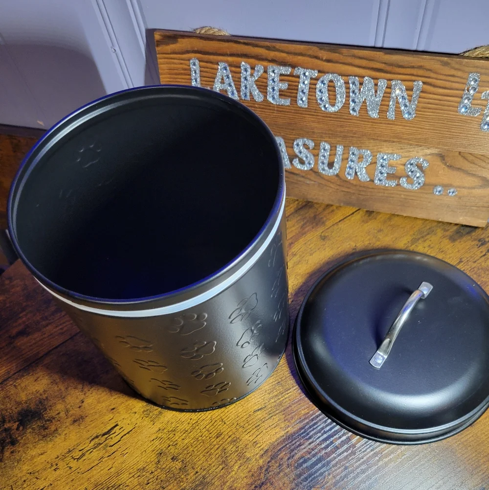 Amici Black metal Paw Print pet treat Storage Canister/lid-black